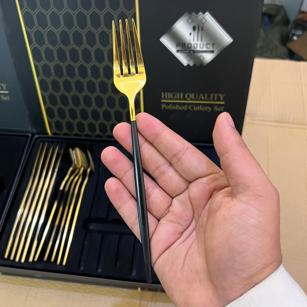 Lot Imported 24 Piece Golden & Black Cutlery set